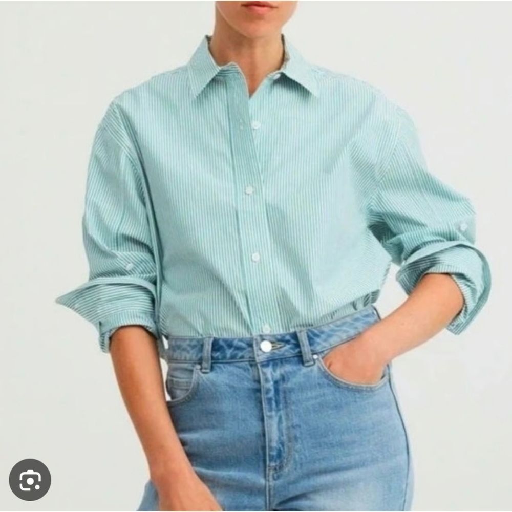 NWT Everlane Long Sleeve Buttondown Blouse Silky Cotton Mint Green Stripe White